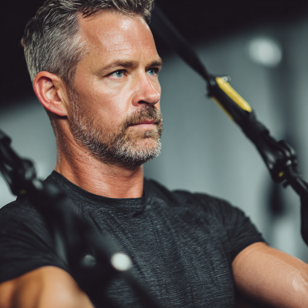 focused middle-aged man demonstrating proper posture during functional training session