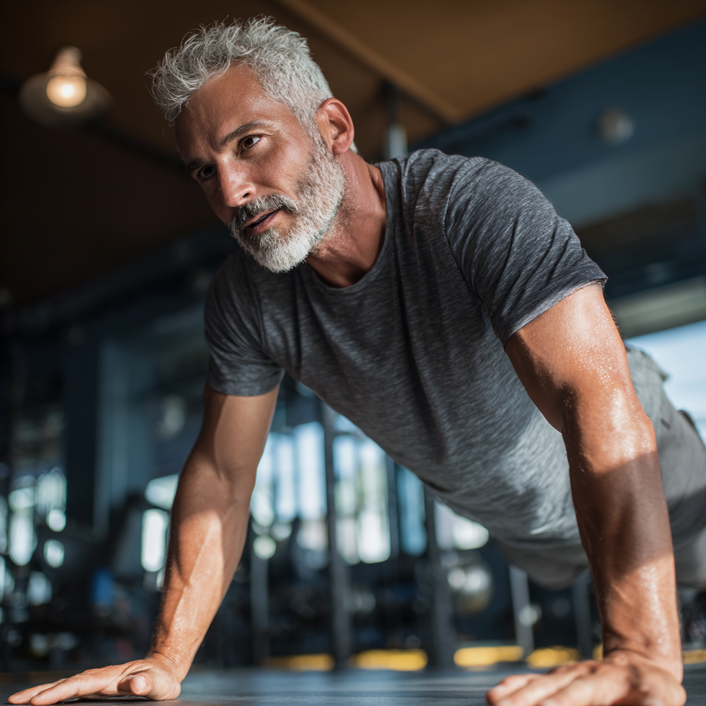 mature man performing controlled movement exercise in modern gym setting